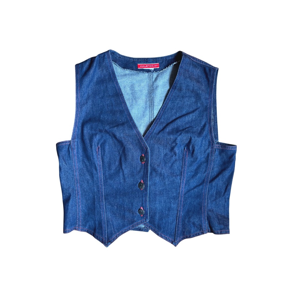 Halston III Vintage Y2K Blue Jean Denim Vest‎ Western Boho Festival M Retro